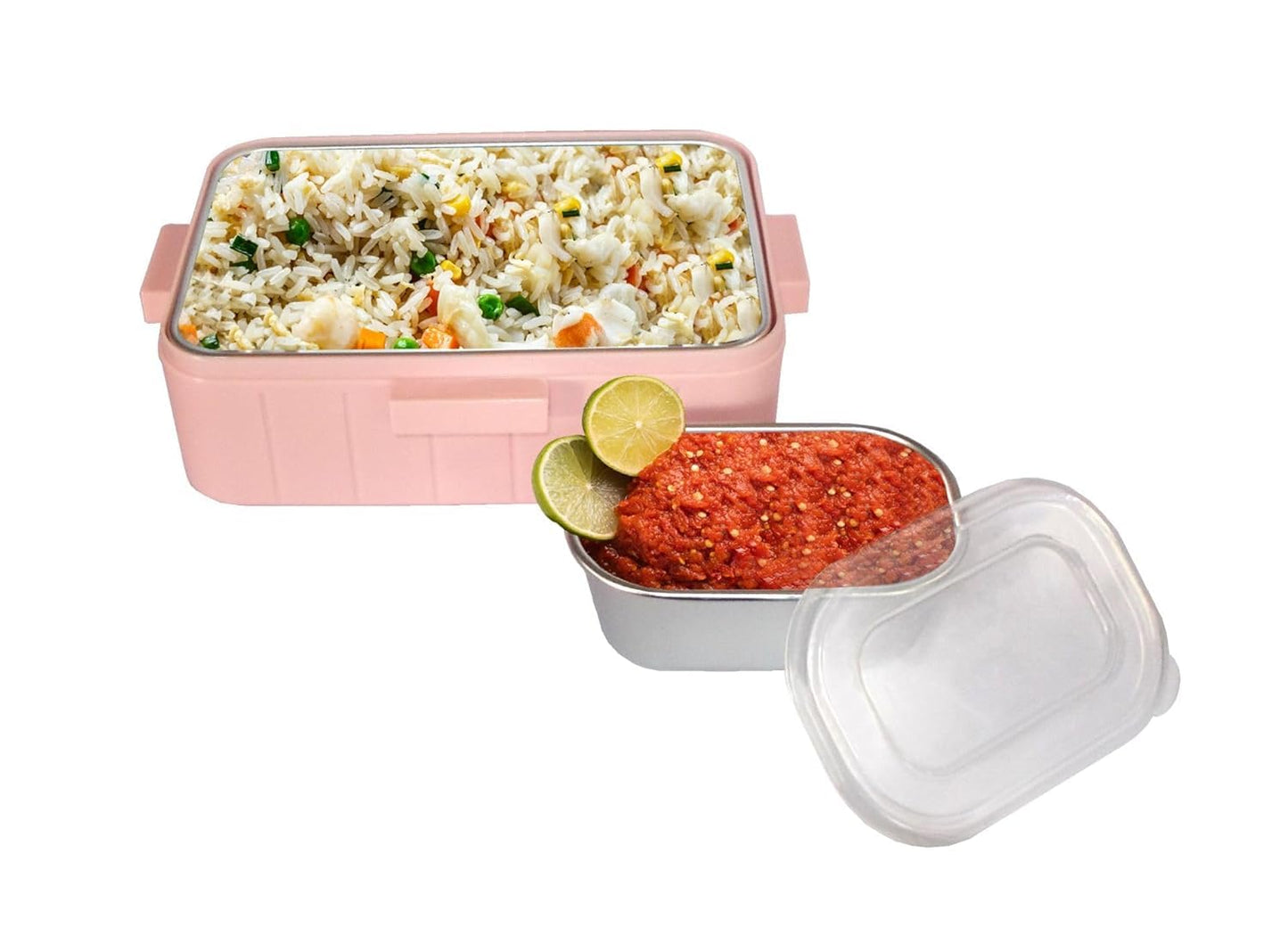 Kids Premium Stainless Steel Lunch Box with Dip Container - 700ml, Leak-Proof, Cartoon Print (Pink)