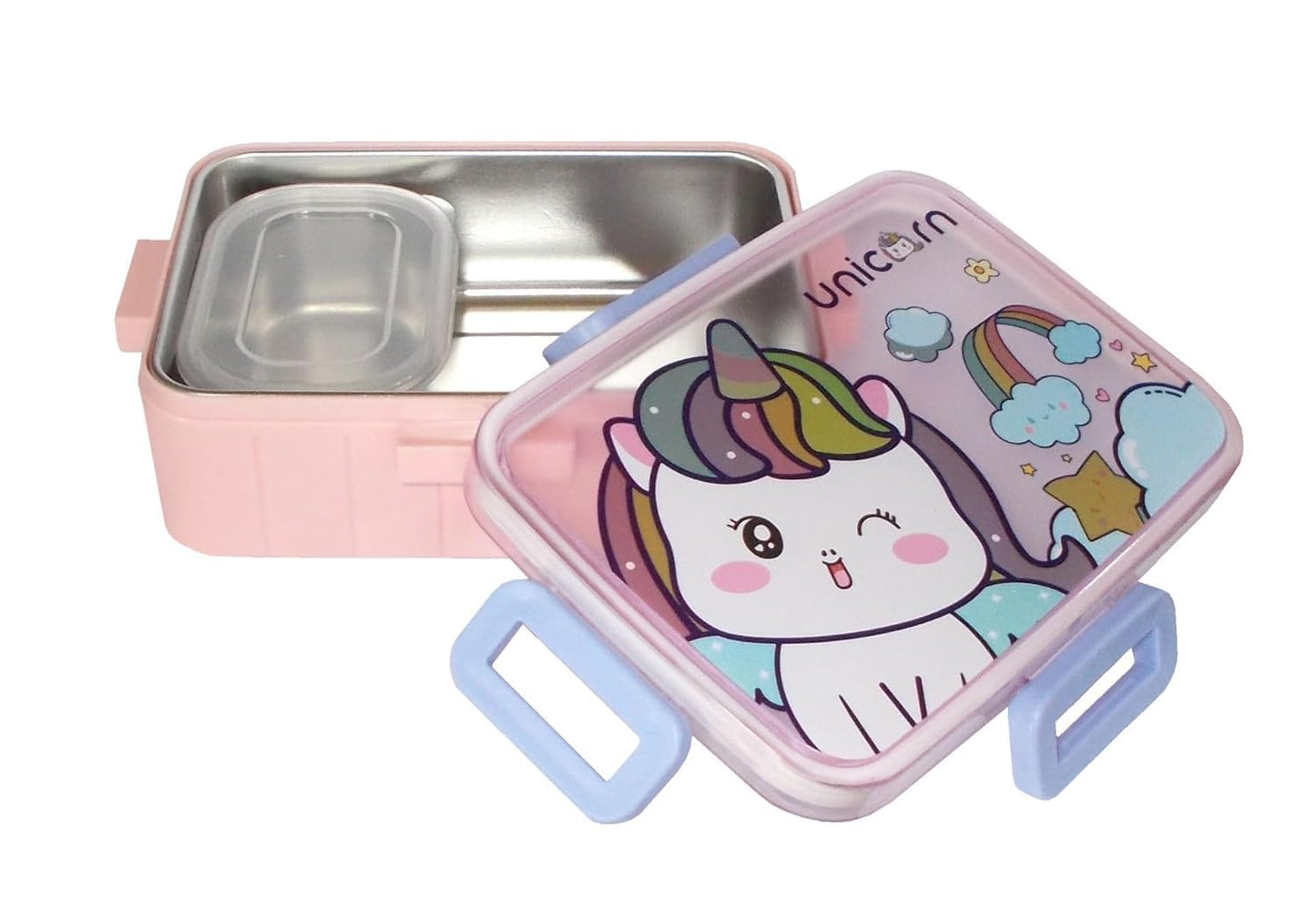 Kids Premium Stainless Steel Lunch Box with Dip Container - 700ml, Leak-Proof, Cartoon Print (Pink)