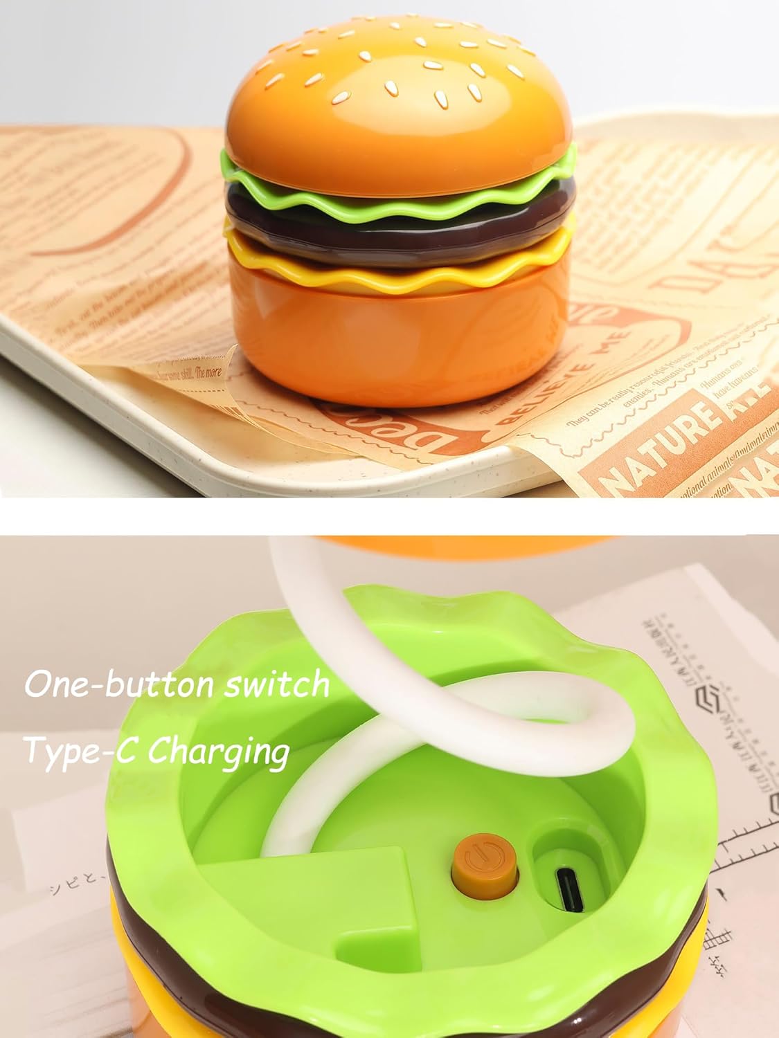 Hamburger Desk Lamp: Rechargeable LED Night Light with Pencil Sharpener for Kids