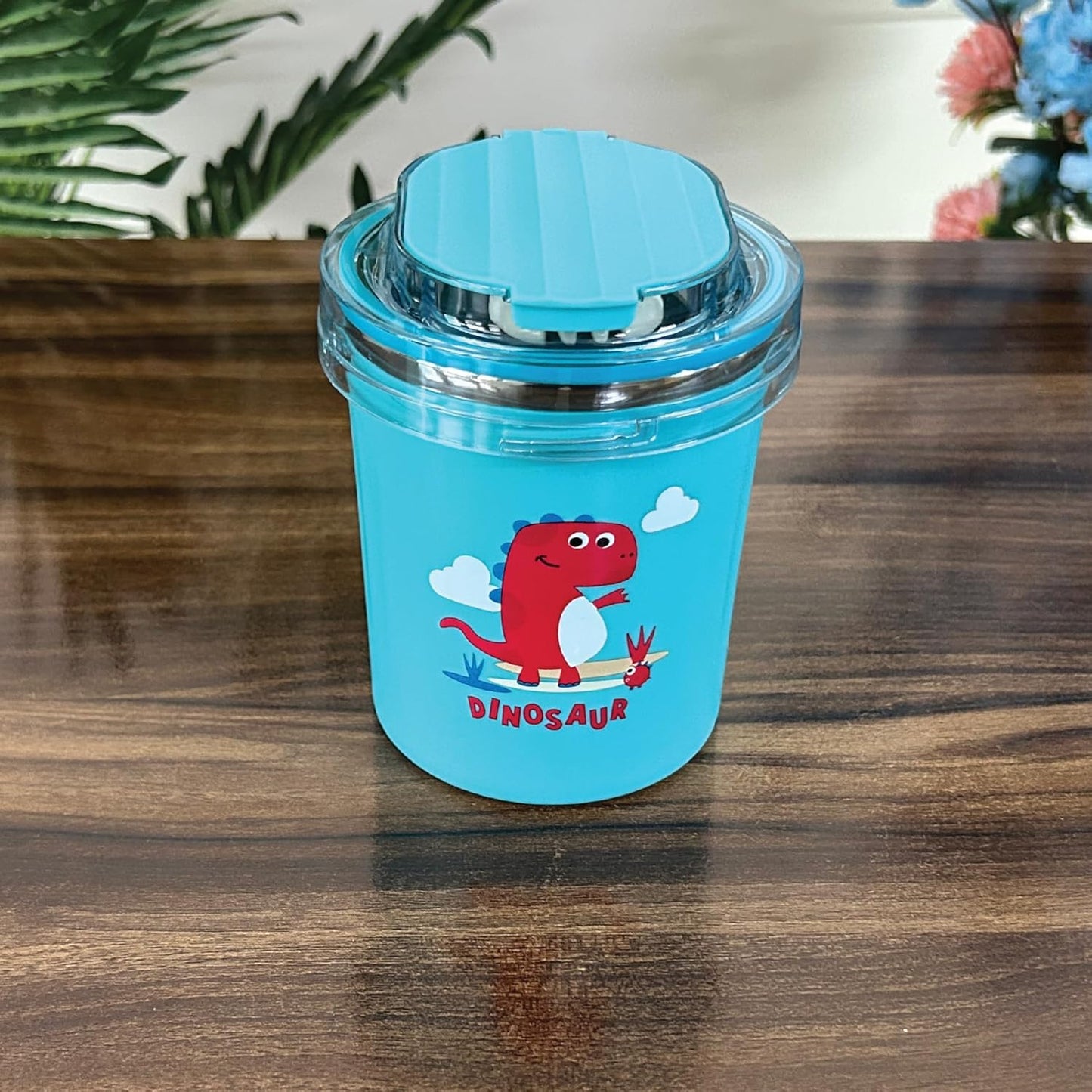 Dinosaur Insulated Stainless Steel Food Container | BPA-Free Vacuum Cup with Spoon and Sipper (Blue)