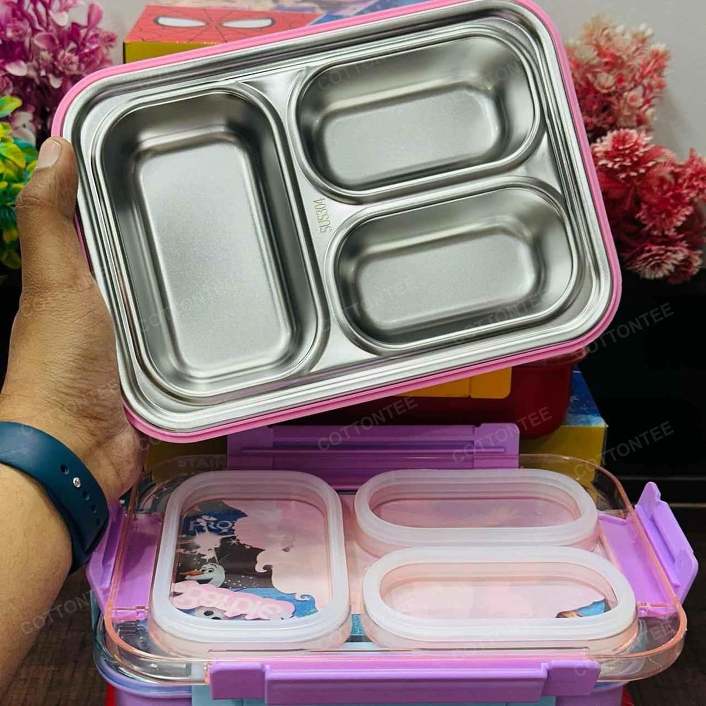 Insulated Stainless Steel Bento Lunch Box with 3 Compartments - Leak-Proof, Kid-Friendly Design